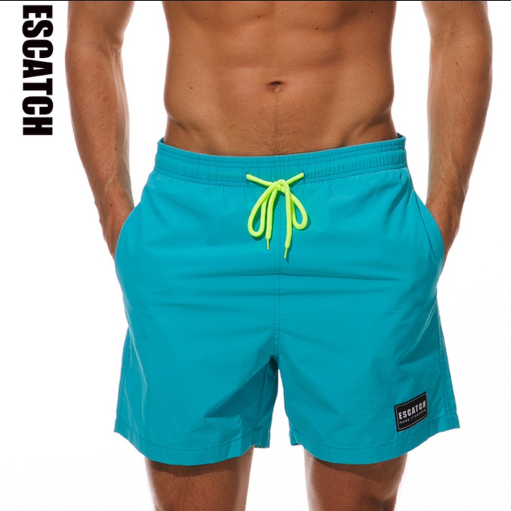 Escatch Men’s Swim Shorts Sky Blue with neon green drawstring,‎ Size XS 28